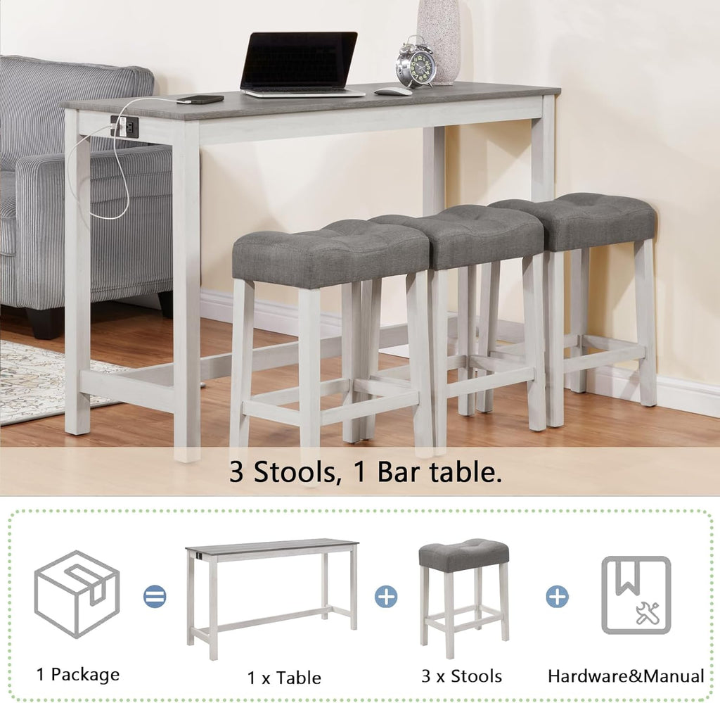 59'' Dining Bar Table and Chairs Set with Power Outlet, 4-Piece Industrial Breakfast Table Set with 3 Padded Stools, Wood Console Table Set for Kitchen Living Room Dining Room, White Grey