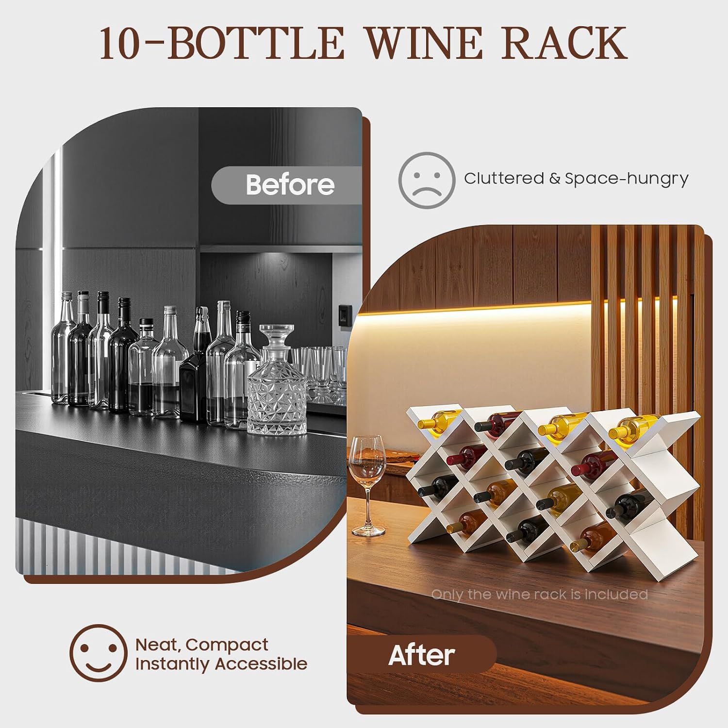 10 Grids Wooden Wine Rack – Wall Mounted or Countertop Storage, Diamond Lattice Design for 10 Bottles, Space-Saving Horizontal Storage, White