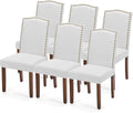 DUMOS Upholstered Dining Chairs Set of 6, Farmhouse Fabric Dining Room Kitchen Chair with Nailhead Trim and Wood Legs, Modern High Back Side Chairs for Living Room, Light Grey