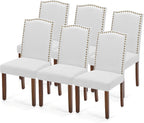 DUMOS Upholstered Dining Chairs Set of 6, Farmhouse Fabric Dining Room Kitchen Chair with Nailhead Trim and Wood Legs, Modern High Back Side Chairs for Living Room, Light Grey