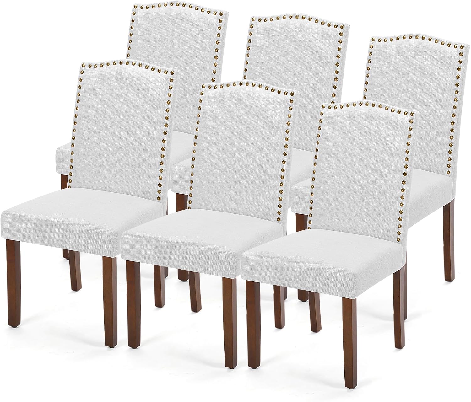 DUMOS Upholstered Dining Chairs Set of 6, Farmhouse Fabric Dining Room Kitchen Chair with Nailhead Trim and Wood Legs, Modern High Back Side Chairs for Living Room, Light Grey
