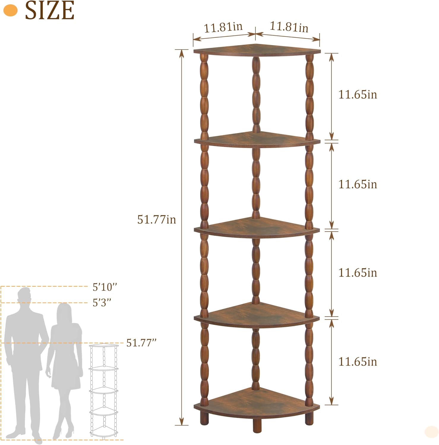 MaxSmeo Corner Shelf, 5-Tier Corner Bookshelf for Small Spaces, Stylish Corner Storage Display Shelves for Bedroom, Bathroom, Kitchen, Living Room (Rustic Brown)