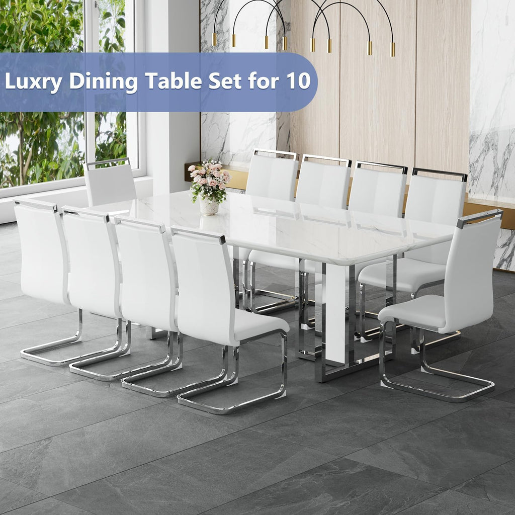 JUFU 11 Piece Dining Table Set for 10, 79 Inch Faux Marble Dining Room Table Set with 10 PU Leather Chairs, Modern Rectangular Kitchen Table and Chairs Set for Large Dining Room, Kitchen
