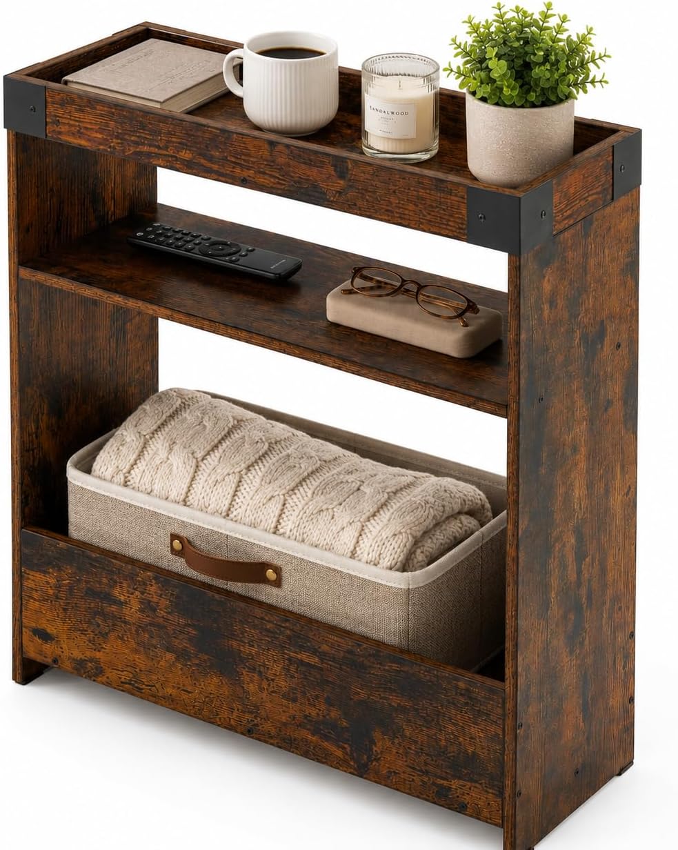 Farmhouse Narrow Side Table with Tray Top & Magazine Rack, Sofa Couch Side Table with Storage Shelf, Slim End Table for Small Spaces, Modern Nightstand for Bedroom, Living Room (Rustic Brown)