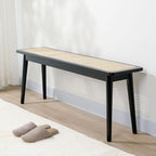 Entryway Bench, Solid Wood Kitchen Dining Bench, Mid Century Modern End of Bed Bench with Rattan Woven Top for Bedroom, Dining Room, Entry Way, 47.2" L x 11.2" W x 17.7" H, Black