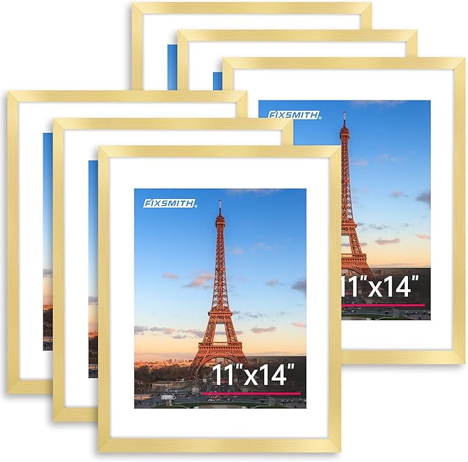 FIXSMITH 11x14 Picture Frame Bulk-6 Pack, Photo Frame with HD Plexiglass, Display Pictures 8x10 with Mat or 11x14 Without Mat, Gold Picture Frames Collage Wall Decor