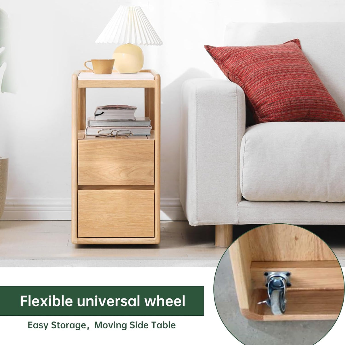 100% Solid Wood Side Table with Storage, Narrow End Table with 2 Drawers, Slim Nightstand and Small Bedside Table with Wheels for Living Room Kitchen Bedroom(Natural, 15.75" D x 26.77" W x 21.65" H)