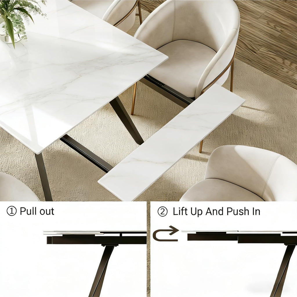 Extendable Dining Table with Leaf, 78"-110" Rectangular Sintered Stone, Marble-Look Top, Seats 6-14, Metal Base, Easy-Clean, Heat & Scratch Resistant, Dining Room/Kitchen Table for Family Gatherings