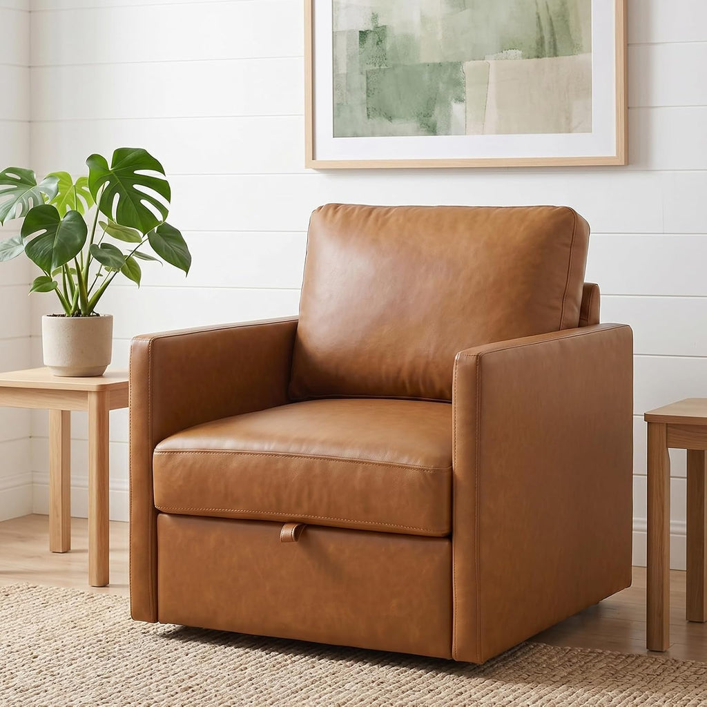 Swivel Accent Chair with Hidden Storage, Mid Century Modern Square Armchair, Comfy Upholstered Reading Single Sofa Chair for Living Room, Faux Leather, Brown, 1 Pack