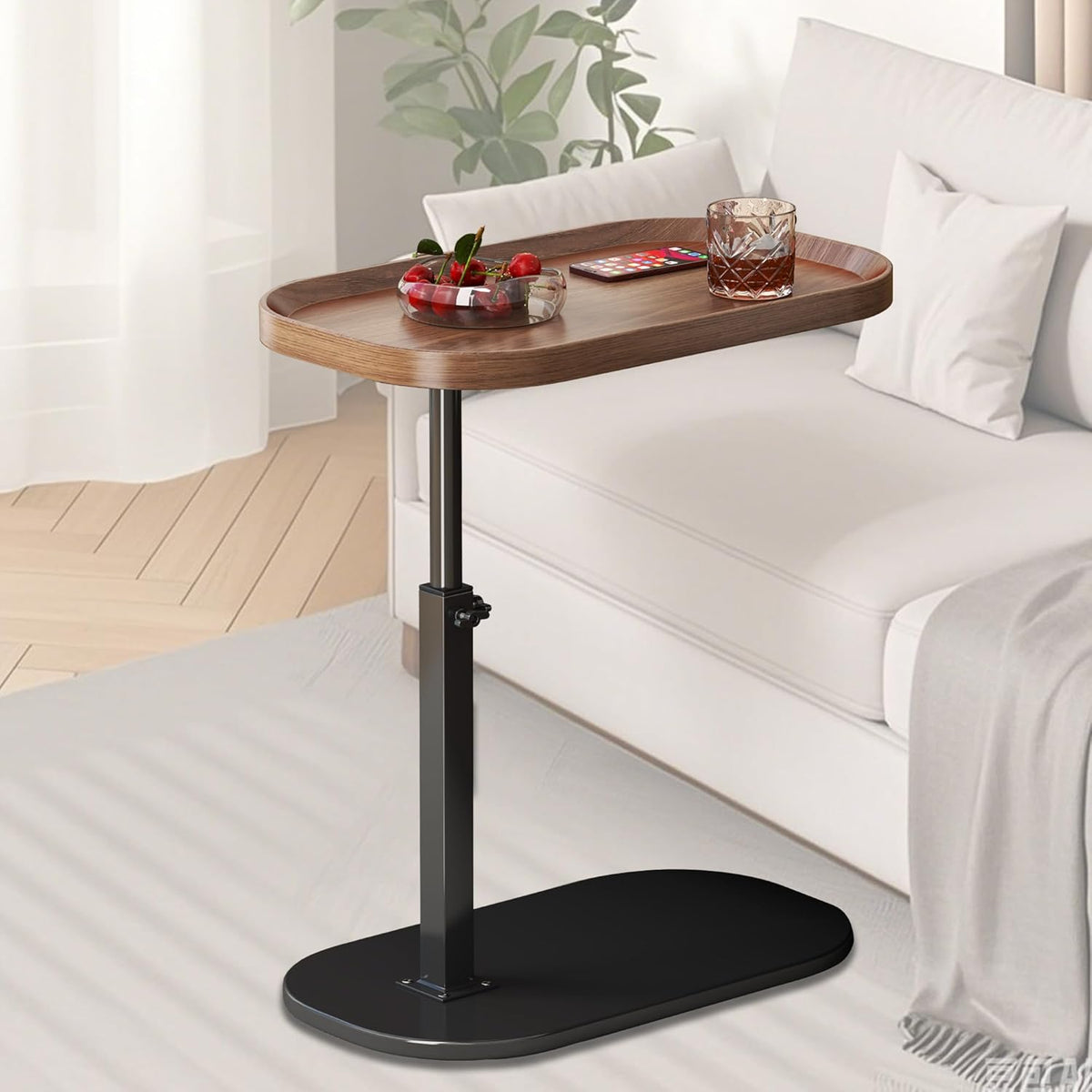 Adjustable Height C Shaped Side Table, Couch Tables That Slide Under, C Side Table Raised Edge, 360°Swivel C Shaped End Table, Small Coffee C Table, End Table for Sofa/Bed/Bathtub