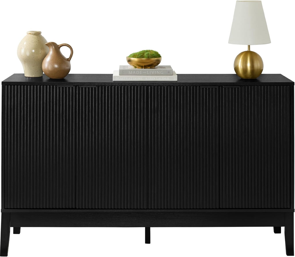 Best Choice Products 55" Modern 4-Door Sideboard Storage Cabinet, Buffet, Media Cabinet, Cupboard, Entryway Accent Table, Bookcase w/Reed Panels and Adjustable Shelves - Black