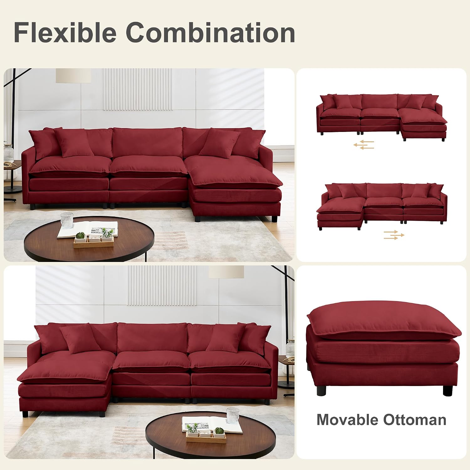 108.27" Modular Sectional Sofa, 4 Seat L Shaped Couch with Chaise | Deep Seat Cloud Couch With Soft Chenille Fabric, Reversible Chaise Modular Design Spacious Comfort for Home, Apartment, Dorm