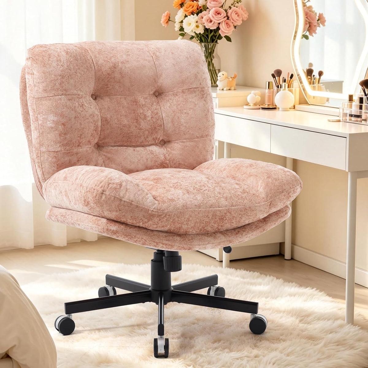 Wide Plush Comfy Criss Cross Rolling Office Desk Chair for Women Pink | 7.09" Thick Cushion, 90-130° Rocking, Height Adjustable, Swivel, Oversized Fabric Reading Chair for Living Room Bedroom
