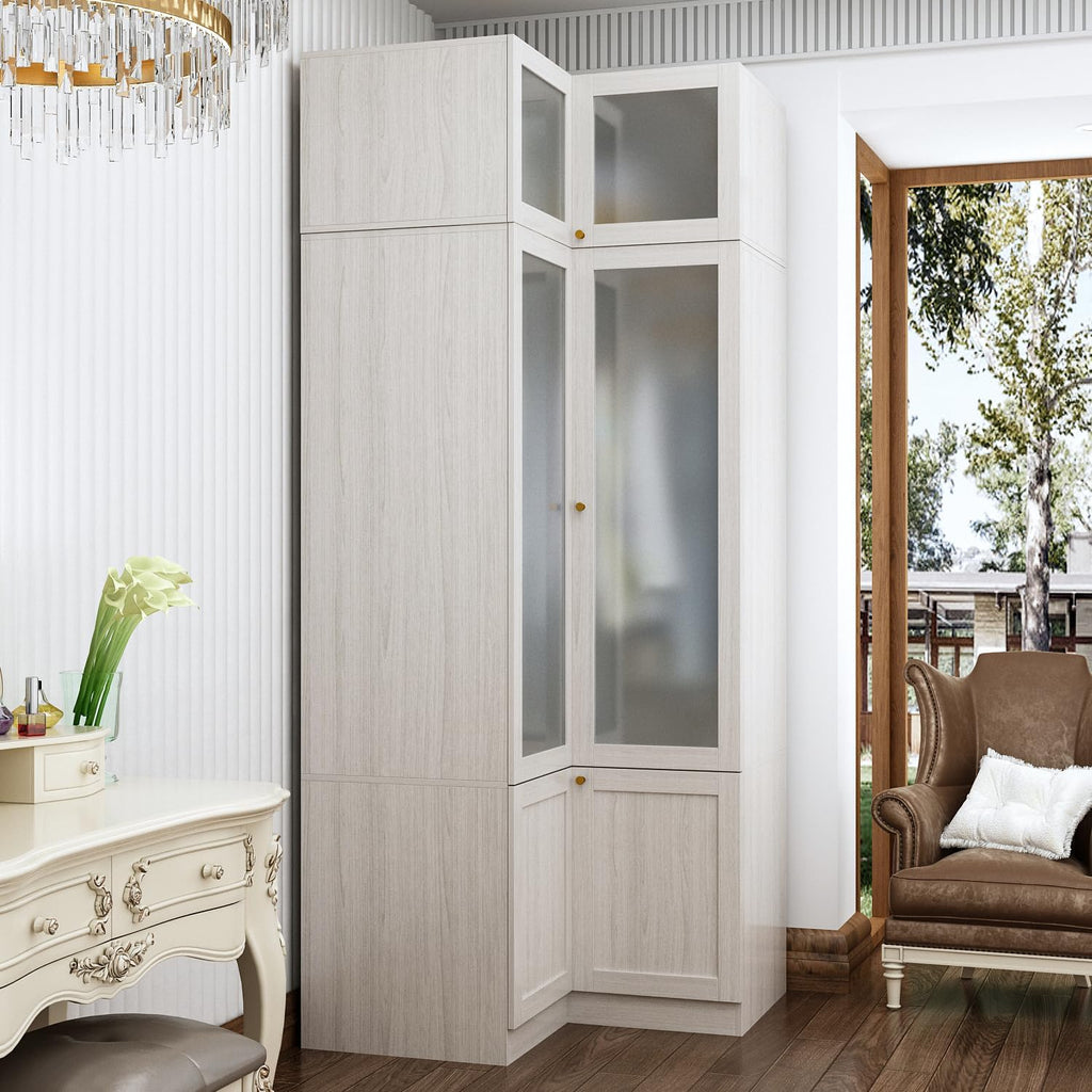 MOUMON Tall Corner Wardrobe, L-Shaped Modern Bedroom Armoires with Frosted Glass Doors and Hanging Rod, Corner Armoire Closet for Clothes Storage, Wood Grain 35.4" W x 35.4" D x 86.6" H