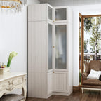 MOUMON Tall Corner Wardrobe, L-Shaped Modern Bedroom Armoires with Frosted Glass Doors and Hanging Rod, Corner Armoire Closet for Clothes Storage, Wood Grain 35.4" W x 35.4" D x 86.6" H