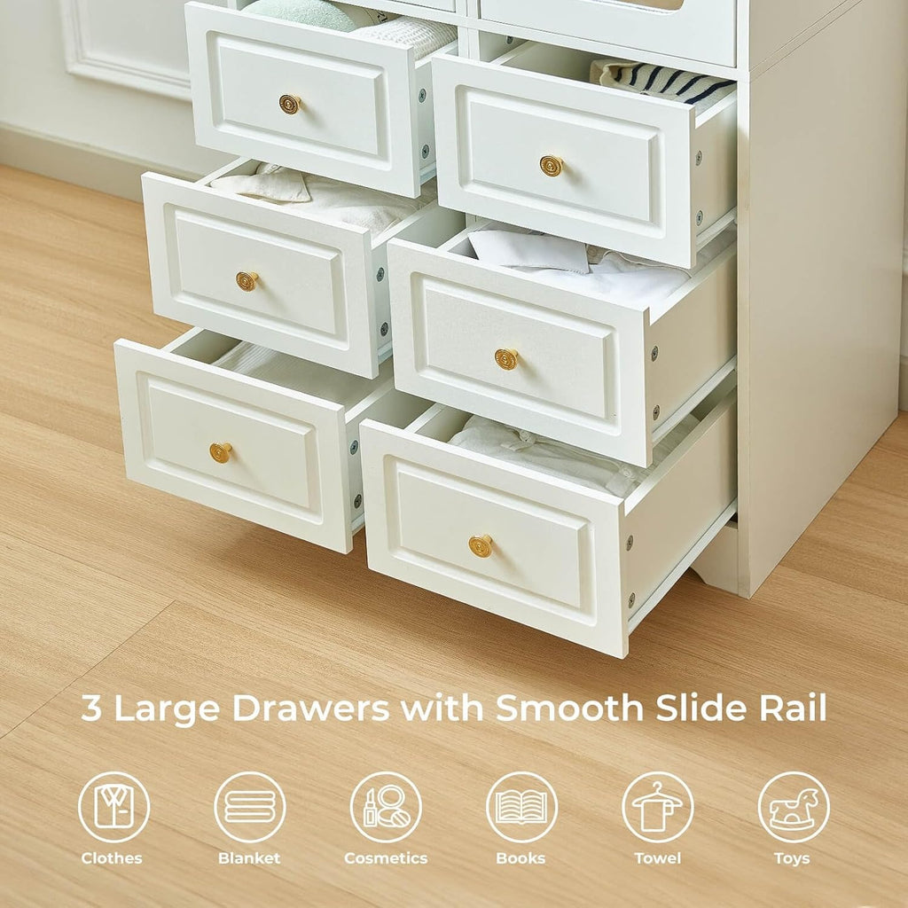 Armoire Wardrobe Closet, White Bedroom Armoires Cabinet with Mirror Door and 3 Drawers, 69.5" H Clothing Storage Cabinet with Hanging Rod & Sensor Light for Bedroom-Right