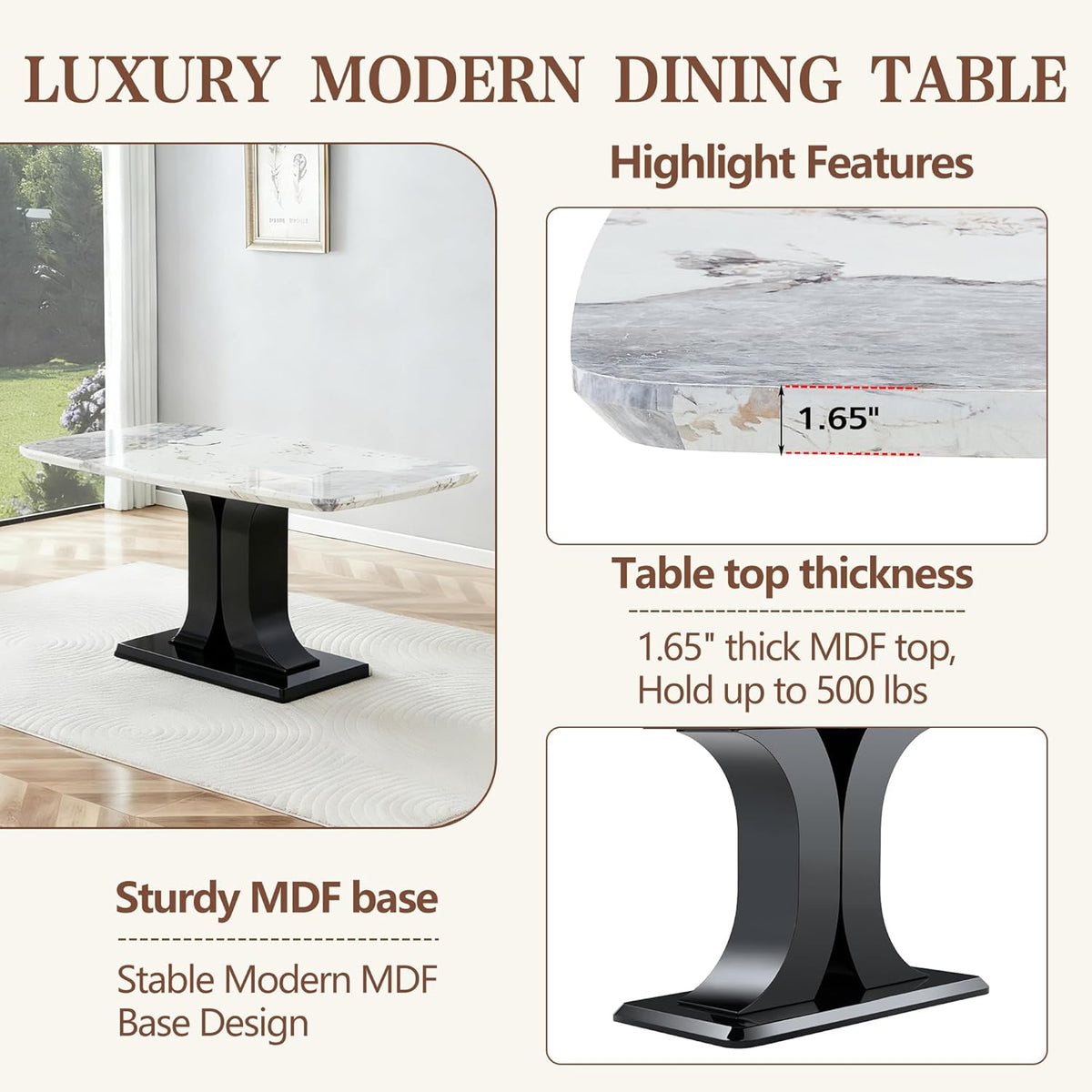 Modern Dining Table Set for 6, Marble Kitchen Table Chair Set for 6, Rectangular Kitchen Table with 6 Pu Leather Upholstered Chair for Dining Room