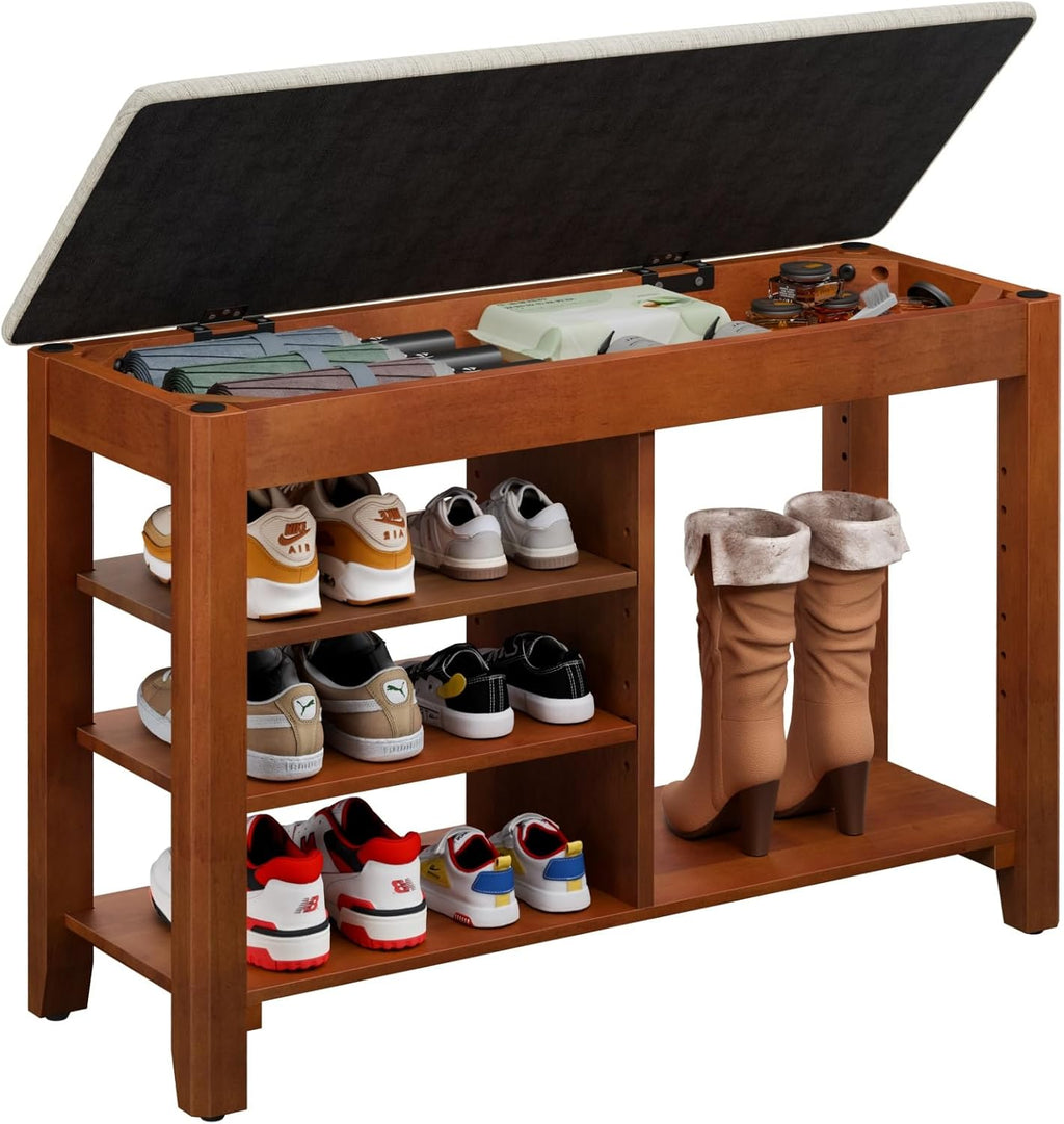 FAGAGA Shoe Rack Bench with Cushioned Seat, Solid Wood Entryway Bench with Flip-Top, Adjustable Shelf, Shoe Storage Bench for Hallway, Living Room, Mudroom (Beige, 31.5" L)