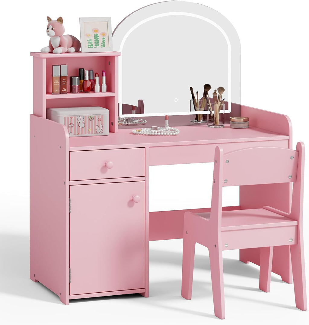 Gizoon Kids Vanity Desk with Mirror and Lights, Pink | Kids Makeup Vanity with 2 Tier Open Shelves Drawer and Cabinet, Todder Vanity Table and Chair Set for Little Girl