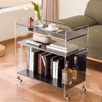 Acrylic End Table with Wheels, 3-Tier Clear Sofa Side Table, Modern Coffee Table with Shelf, Rolling Storage Acrylic Cart Home Decor Nightstand for Living Room Bedroom (Black)