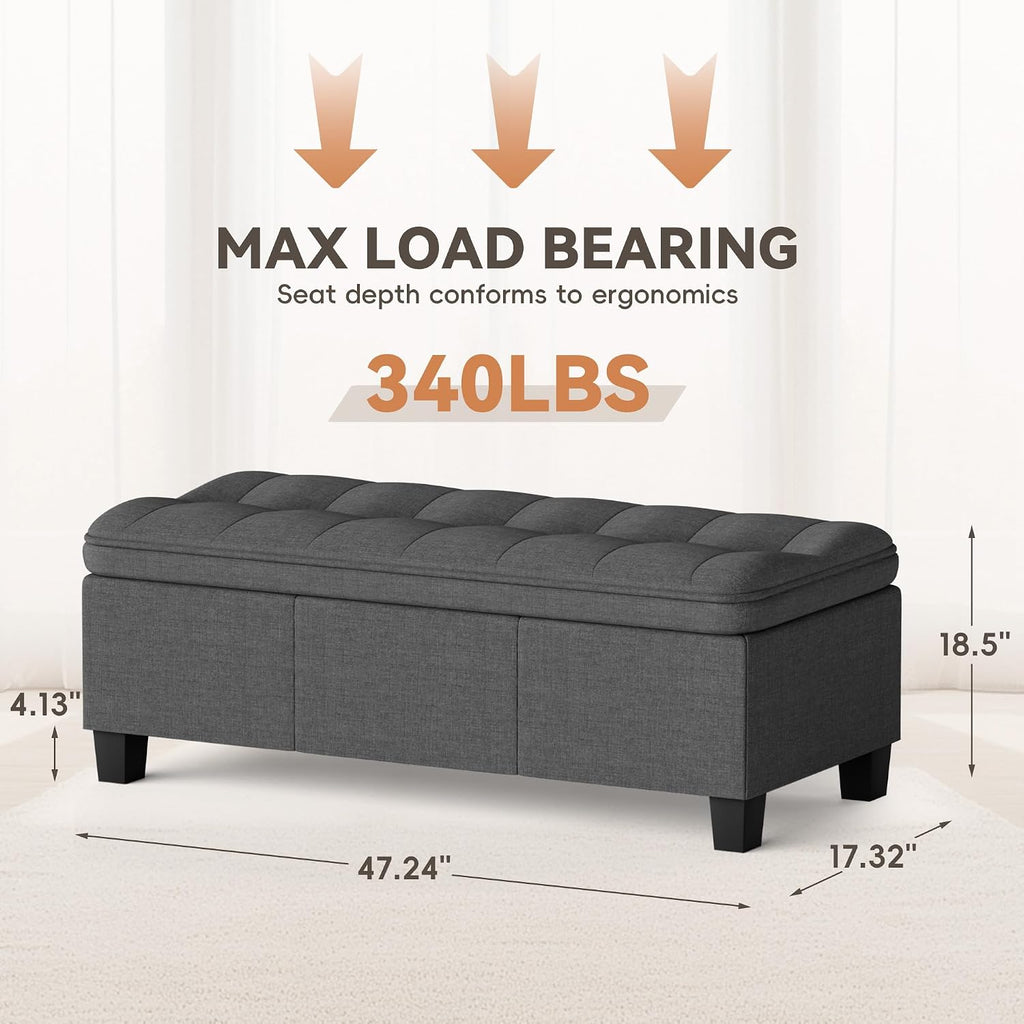 YESHOMY 47 Inches Ottoman with Storage, Storage Bench with Legs, Ottomans for Living Room, Entryway, Adjustable & Movable, Easy Assembly, Dark Gray Textured