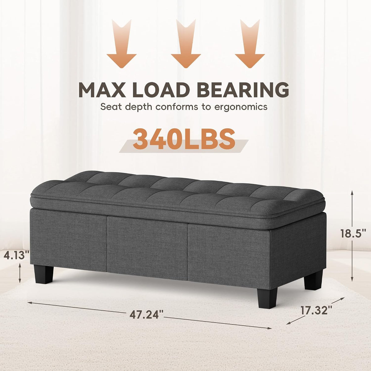 YESHOMY 47 Inches Ottoman with Storage, Storage Bench with Legs, Ottomans for Living Room, Entryway, Adjustable & Movable, Easy Assembly, Dark Gray Textured