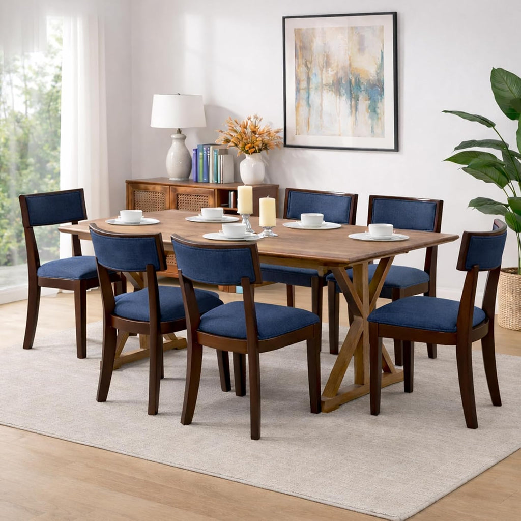 Blue Dining Chairs Set of 6, Upholstered Linen Fabric Dining Room Chairs with Curved Backrest, Armless Solid Wood Farmhouse Kitchen Side Chairs for Dining/Living Room, Blue