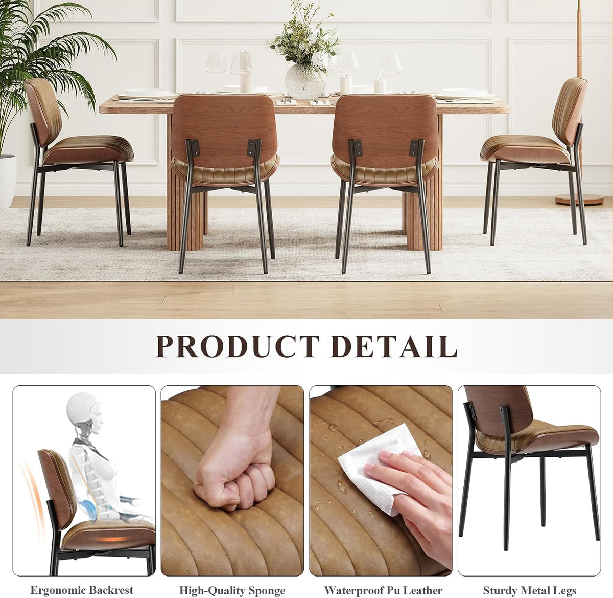 MALOL Leather Dining Chairs Set of 6, Modern Upholstered Dining Room Kitchen Chairs with Metal Legs and Wooden Back Support for Home Dining Room/Restaurant, Light Brown