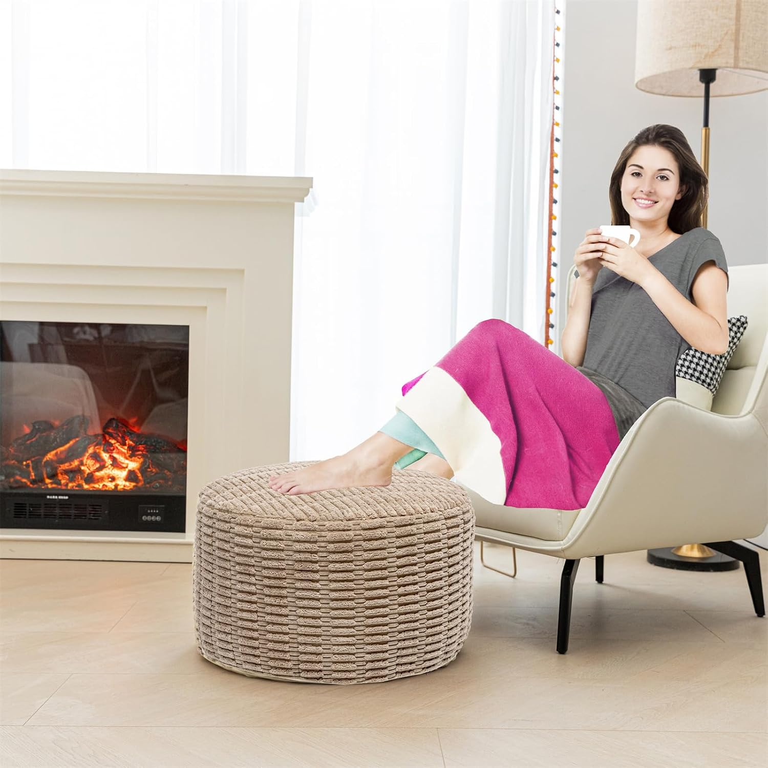 Asuprui Pouf Ottoman Round Foam Filled Foot Rest Stool Floor Pouf Footrest | 20x14 In,Light Coffee,All-One Foam Pouf, Ottoman Coffee Table,Couch Foot Rest ,Remov. Cover for Living Room Entryway Bedroom