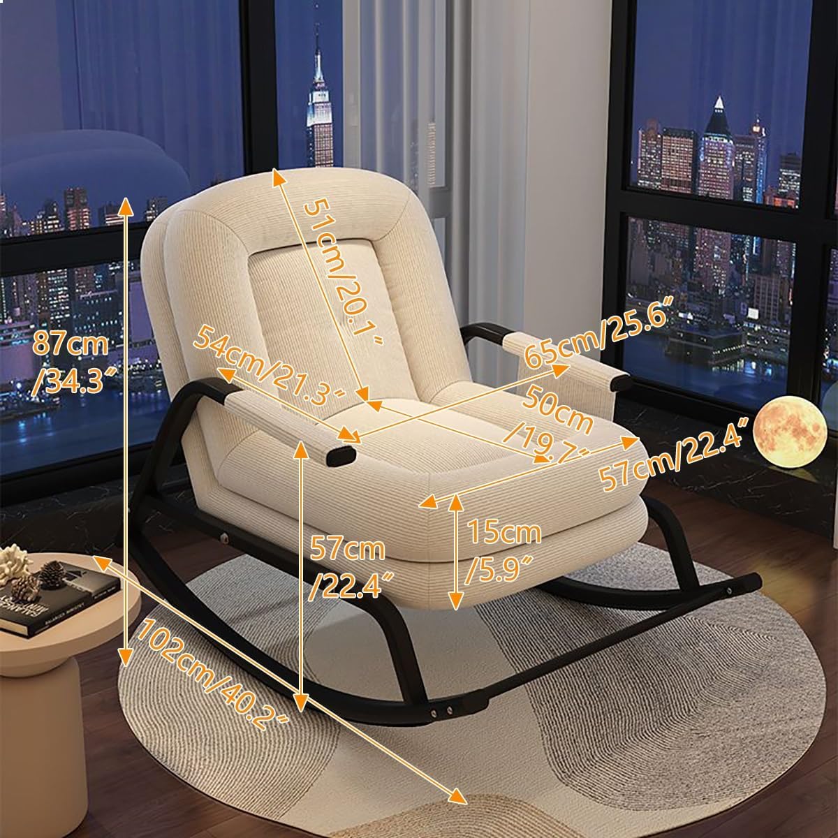 Oversized Rocking Chair with Cushion, Modern Accent Rocking Chair with Armrests, Recliner Chair with Footrest, Backrest with Five-Position Adjustment for Bedroom Living Room(Off-White)