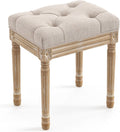 LUE BONA Upholstered Fabric Vanity Bench Seat, Makeup Stools for Vanity, Square Tufted Ottoman Bench with Carved Wood Color Legs for Bedroom Living Room, Linen Color