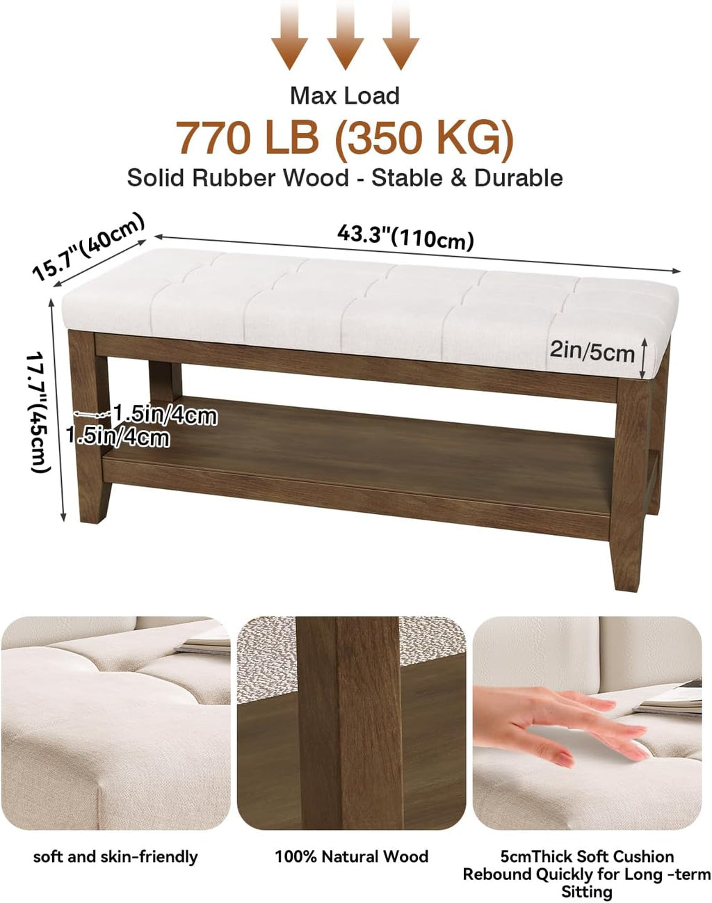 ABHENG Solid Rubber Wood Shoe Bench, Soft Chenille Material Upholstered Seat, 770LB Load Capacity, Multi-Storage for Entryway/Bedroom/Living Room, Vintage Style, 43.3"x15.7"x17.7", White,UASND65W
