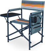 Picnic TIME Sports Chair with Side Table and Armrest Caddy, Lightweight Aluminum Folding Outdoor Camping Chair for Adults, Portable Director Style Lawn Seating, (Marine Stripe with Navy Blue Frame)