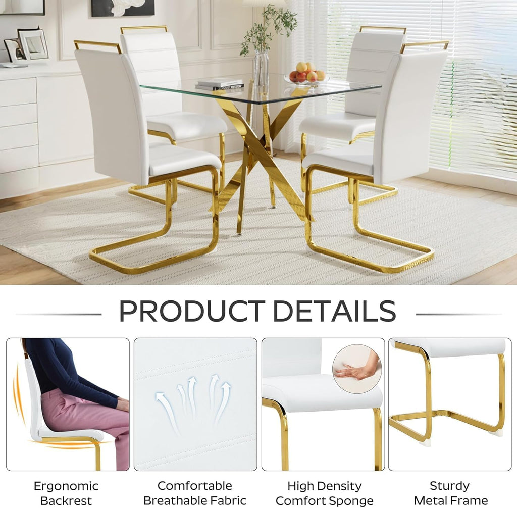 Dining Chairs Set 4, Armless White Kitchen Chairs, Waterproof Faux Leather Dinner Chairs with Upholstered Seat, Side Chairs with Black Metal Frame for Kitchen Dining Room