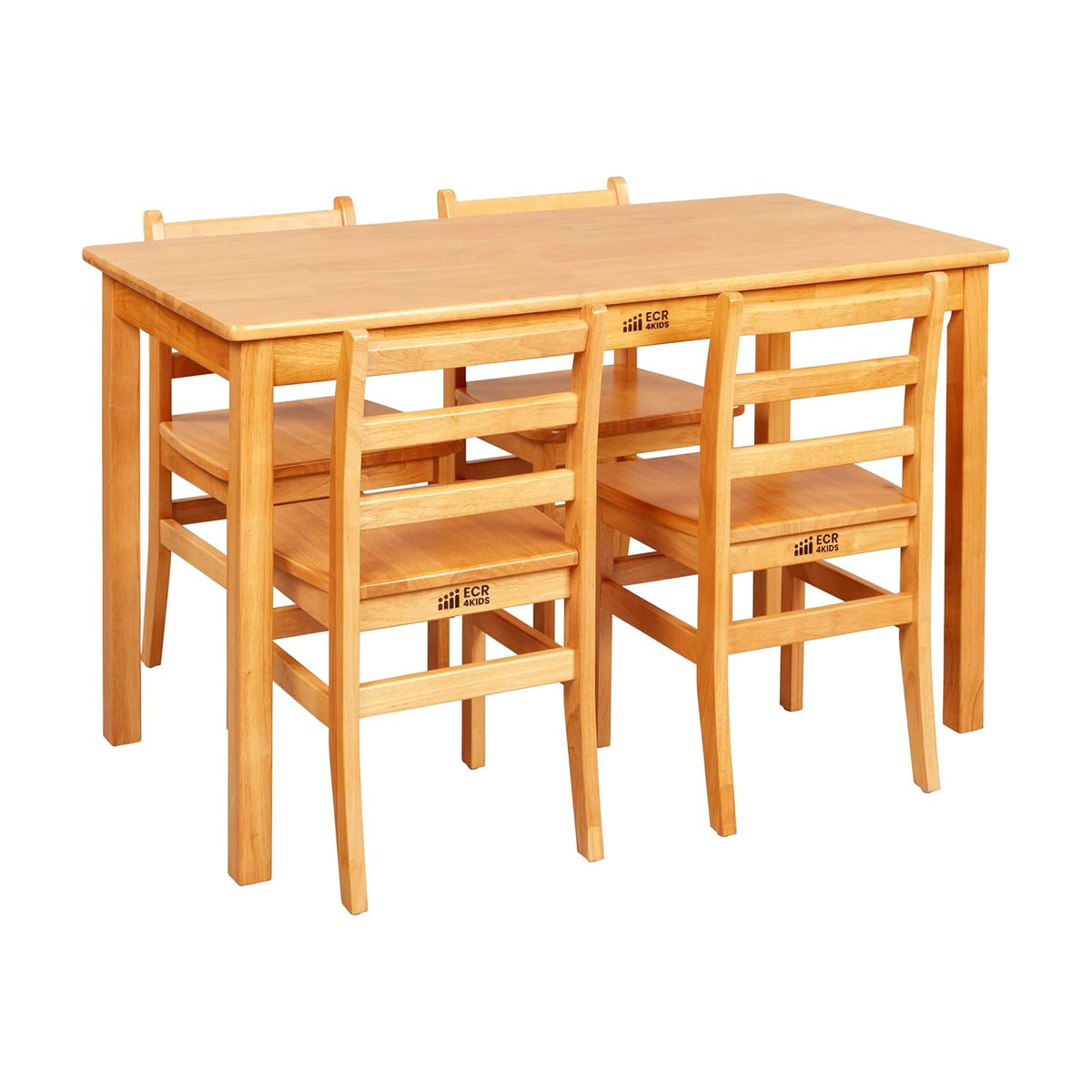 ECR4Kids 24in x 48in Rectangular Hardwood Table with 28in Legs and Four 16in Chairs, Kids Furniture, Honey, 5-Piece | Durable rubberwood, GREENGUARD Gold Certified, ANSI/BIFMA Compliant, 10-12 years, 200 lb seat capacity, classroom & home use