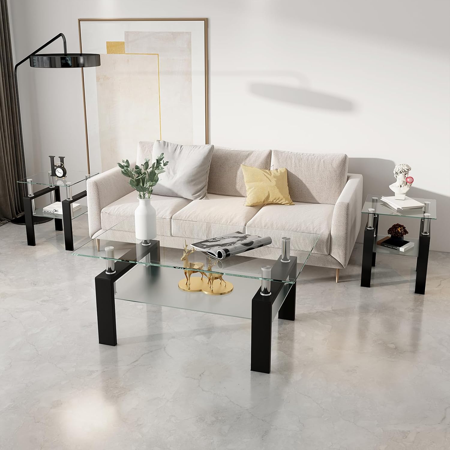 ODUSE-DAILY Glass Coffee Table - Black Metal Frame Set of 3 Living Room Table Set
