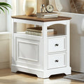 RALGEND Farmhouse End Table with 2 Drawers, Narrow Sofa Side Table with Storage and Open Shelf, Wooden Nightstand for Small Spaces, Bedroom, Living Room, White and Walnut
