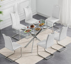 Modern Glass Dining Table Set for 6, Silver Glass Kitchen Table and Chairs Set, 7 Piece Dining Room Table Set with 51" Rectangle Dinner Table and 6 White Leather Dining Chairs