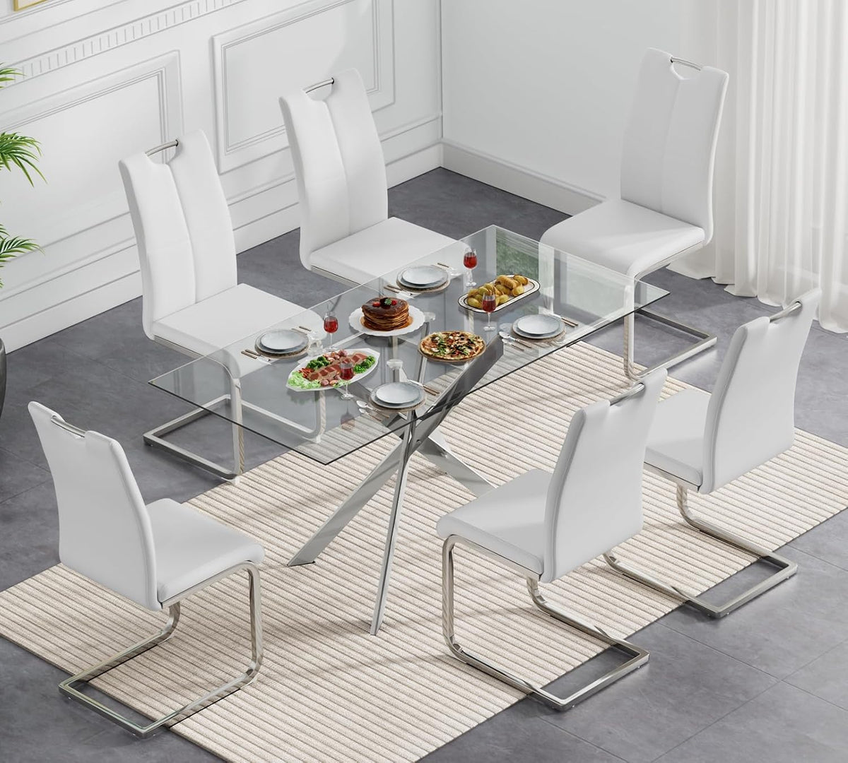Modern Glass Dining Table Set for 6, Silver Glass Kitchen Table and Chairs Set, 7 Piece Dining Room Table Set with 51" Rectangle Dinner Table and 6 White Leather Dining Chairs