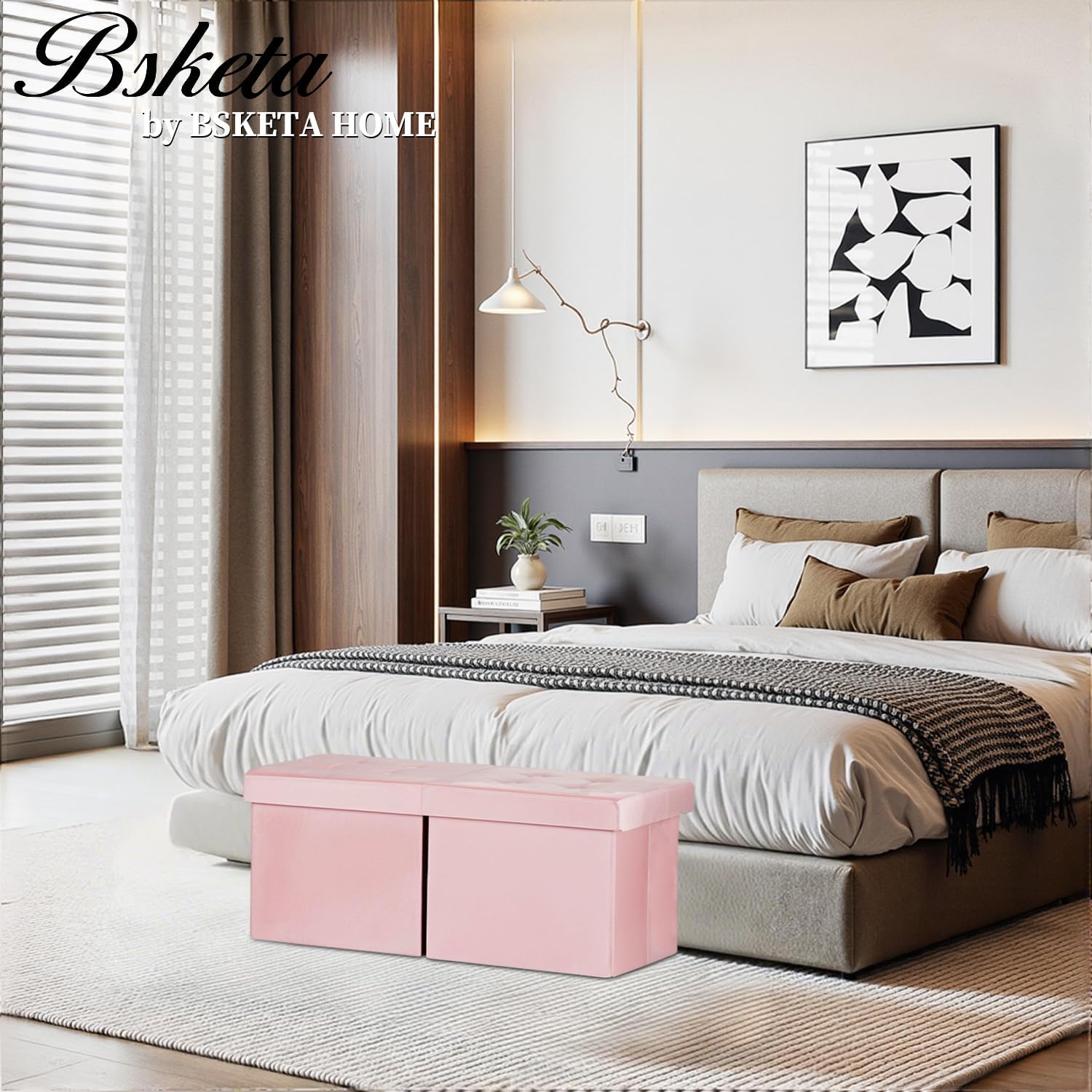 Bsketa Storage Ottoman Bench, 34" Folding Velvet Foot Rest Stool, Pink | Large Ottoman with Storage, Thicker Foam Padded Seat, Livingroom, Dorm, Bedroom, Easy to install, 86L,34 x 13 x 13in