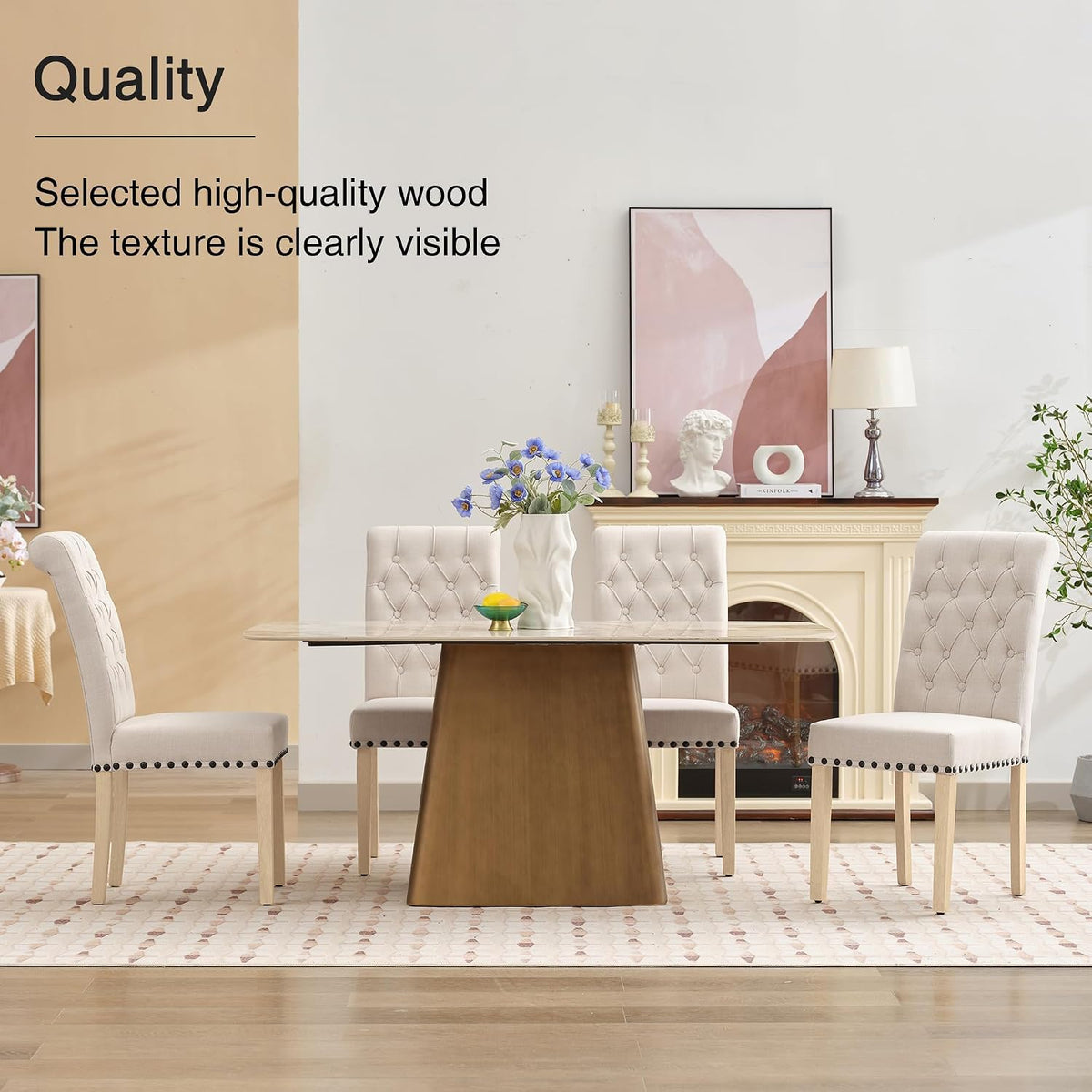 adochr Dining Chairs Set of 2, Linen Armless Parsons Chairs,Beige | Wooden Legs&Tufted Buttons, Upholstered Dining Room Chair for Kitchen/Dining/Living Room