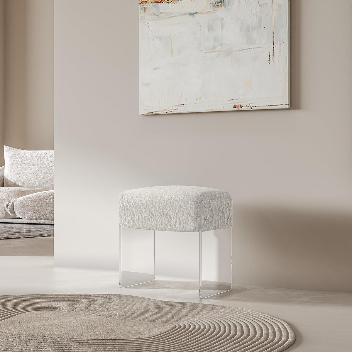 Vanity Stool Chair and Pouf Ottoman-Modern Multifunctional Vanity Stool and Foot Rest with Wool and Acrylic Leg for Makeup Room, Living Room, Bedroom