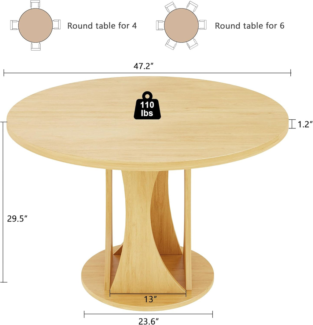 iPormis Round Dining Table, 47'' Kitchen Table for 4-6, Dining Room Dinner Table with Wooden Tabletop & Geometric Arcs Pedestal for Kitchen, Living Room, Home, Office, Oak