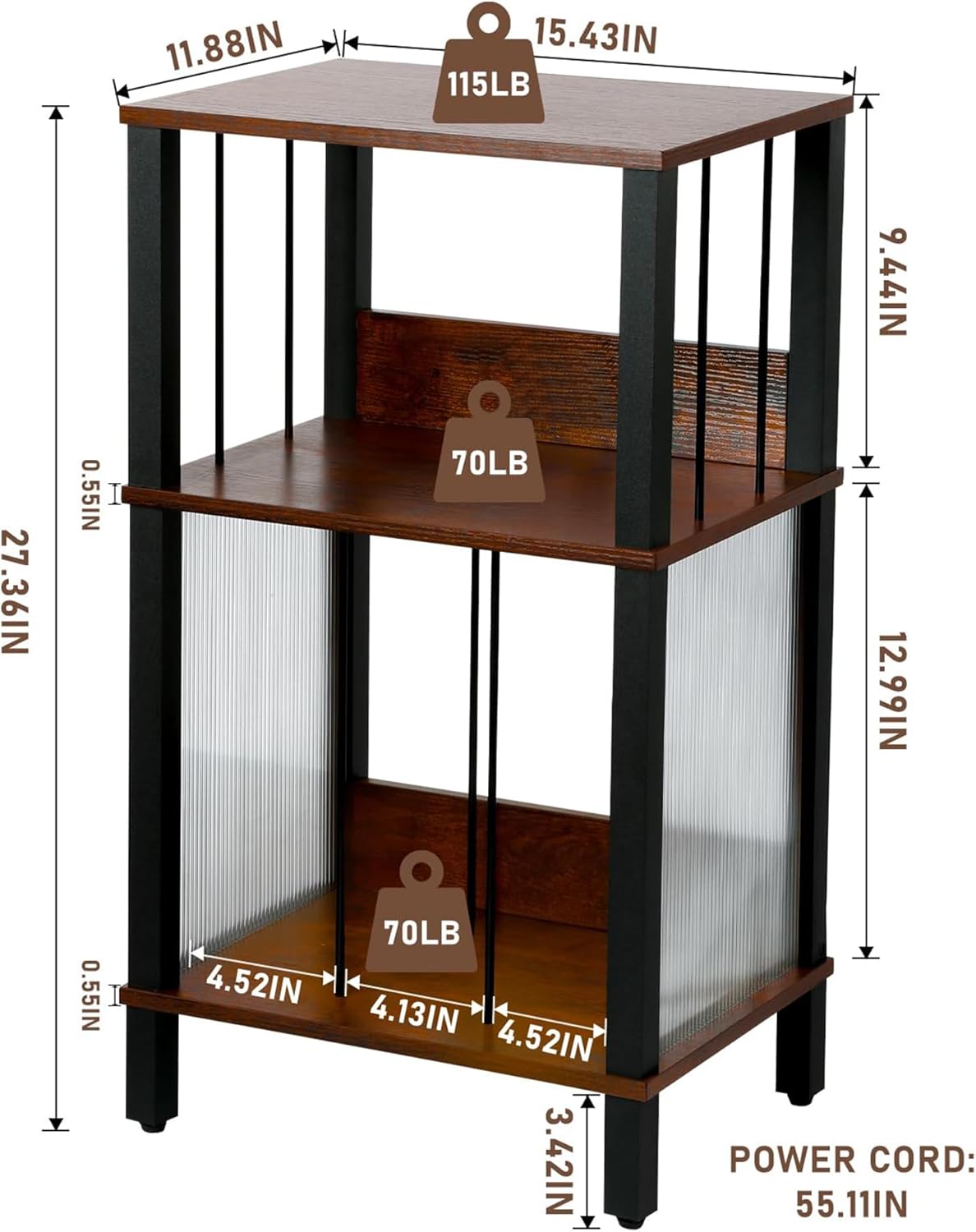 DGSANDGO Mid-Century Now Playing Vinyl Record Stand, Record Player Stand, End Table with Charging Station, 3 Tier Rustic Brown w/Guard Rails, Holds 100 Vinyl Albums, for Living Room Bedroom Office