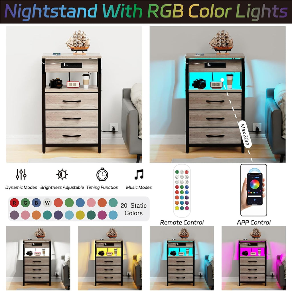 SZLHANJZ End Table with 3 Drawers, Night Stand with Charger Station and LED Lights, Small Nightstand with Fabric Storage, Farmhouse Side Table for Bedside, Living Room, Dorm, Greige