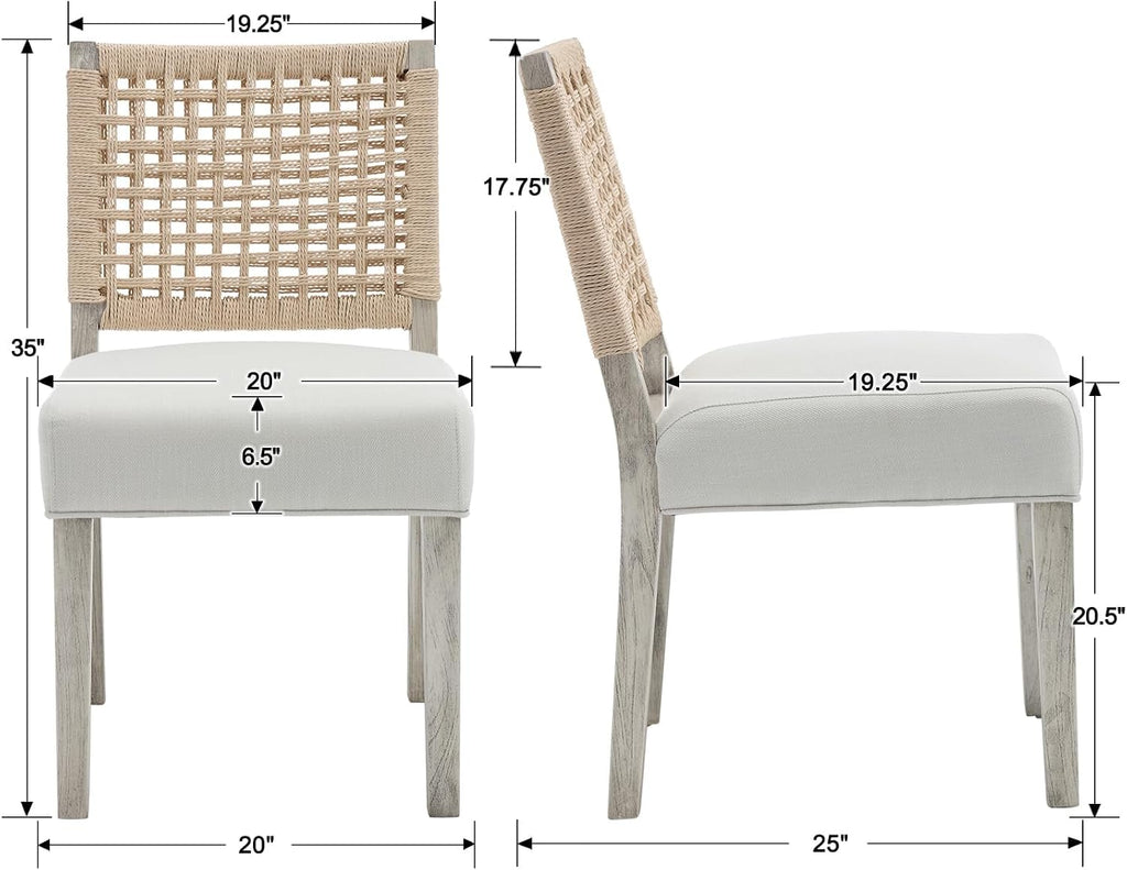 Farmhouse Dining Chairs Set of 4, Upholstered Kitchen Room Chairs with Rattan Back, Solid Wood Woven Back Dining Chairs Accent Linen Side Chair for Dining/Living Room/Dinner, Ivory