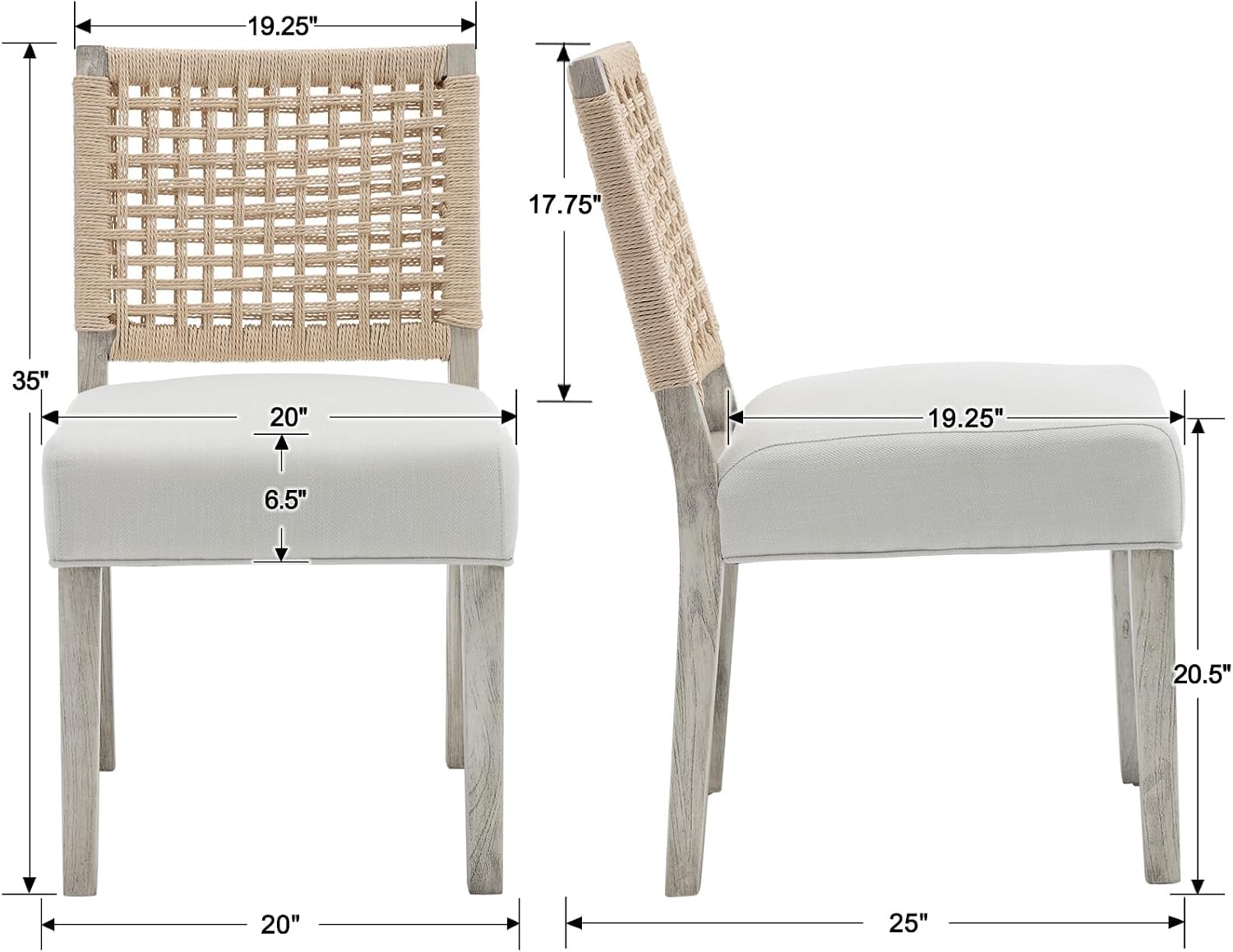Farmhouse Dining Chairs Set of 4, Upholstered Kitchen Room Chairs with Rattan Back, Solid Wood Woven Back Dining Chairs Accent Linen Side Chair for Dining/Living Room/Dinner, Ivory