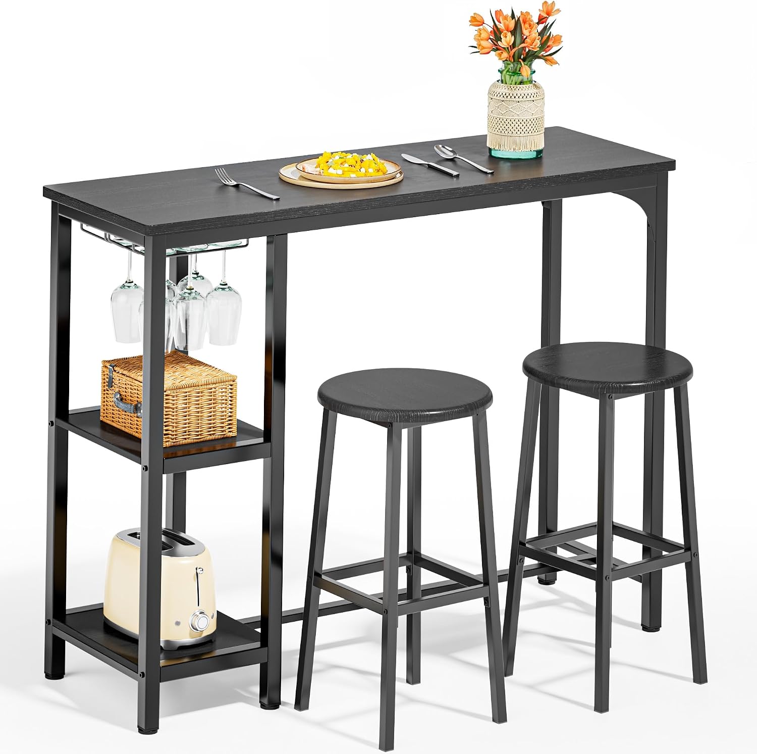 Qsun Small Bar Table Set for 2 | Kitchen Table for 2 with 2 Storage Shelves & Wine Glass Holder, Dining Table for Small Apartment, Dining Room
