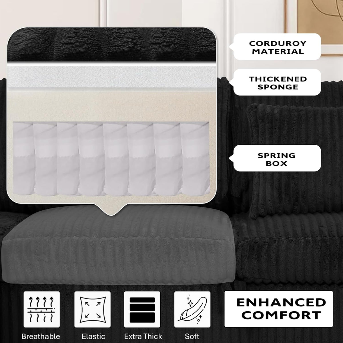 110” Corduroy Sectional Sofa w/Pull Out Bed & Storage Chaise, Reversible U Shaped Sofa w/Storage Armrests & Cup Holders, Corner Couch w/USB Charging Port & Throw Pillow for Living Room, Black