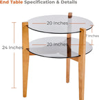 Round End Table, 2-Tier Tempered Glass Table Top Wooden Legs, Modern Side Tables Living Room 24” with Storage Shelf - Entryway Table, Bedroom Side Table, Nature